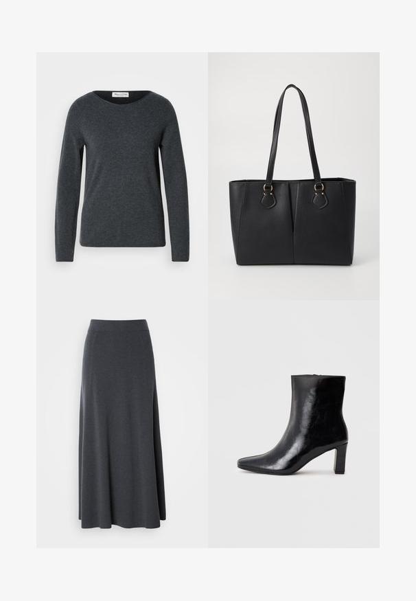 Mørkegrå langærmet sweater med rund halsudskæring, lavet af blødt stof. Har en glat tekstur og en almindelig pasform. Mærket label er synlig.; Mørkegrå maxi-nederdel lavet af blødt, strækbart stof. Har en høj talje og en svævende design med diskrete sidesømme for form.; Sorte ankelstøvler lavet af blank læder, med spidse tæer og en mellemstor blokhæl, med en glat tekstur og et enkelt design.; Sort faux læder tote taske med en tekstureret finish, to lange håndtag og hardware i guld tone-accenter på siden. Rektangulær form.