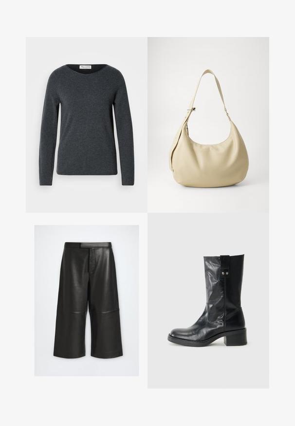 Mørkegrå langærmet sweater med rund halsudskæring, lavet af blødt stof. Har en glat tekstur og en almindelig pasform. Mærket label er synlig.; Sorte brede culottes i imiteret læder med høj talje, bæltestropper, syningsdetalje foran og mellemlang længde mod en ensfarvet baggrund.; Sort læder ankelstøvle med rund tå, en beskeden stak hæl og en dekorativ sideflap. Materialet har en glat, poleret overflade.; Beige læder skuldertaske med en buet form, justerbar rem og præget logo detalje, der har en glat tekstur og minimalistisk design.
