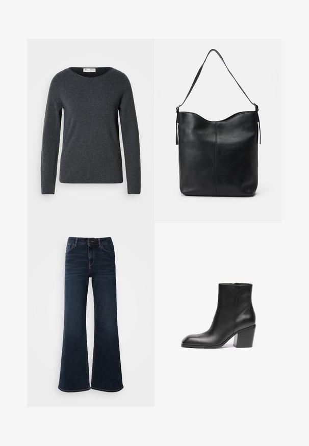 Mørkegrå langærmet sweater med rund halsudskæring, lavet af blødt stof. Har en glat tekstur og en almindelig pasform. Mærket label er synlig.; Mos Mosh HERA - Flared jeans - dark blue; Sort læder ankelstøvle med firkantet tå og kraftig blokhæl. Glat tekstur og minimalistisk design. Sidelukning for nem påklædning.; Sort læder skuldertaske med en glat tekstur, rund top, enkelt strop og minimalistisk design uden synligt hardware.
