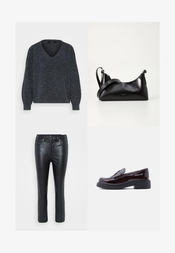 Donkergrijze gebreide trui met een V-hals, brede mouwen en een zachte textuur, met een licht oversized, boxy pasvorm.; Zwarte leren broek met een slim fit, voorzien van voorzakken, een knoopsluiting en een lichte glans. De pijpen zijn recht gesneden met gestikte details.; Glinsterende bordeauxrode leren loafers met een ronde neus, voorzien van een gestikte versiering en een getextureerde zwarte rubberen zool.; Zwarte leren handtas met een gladde textuur. Beschikt over een verstelbare schouderband en een strak, minimalistisch ontwerp met een ritssluiting.