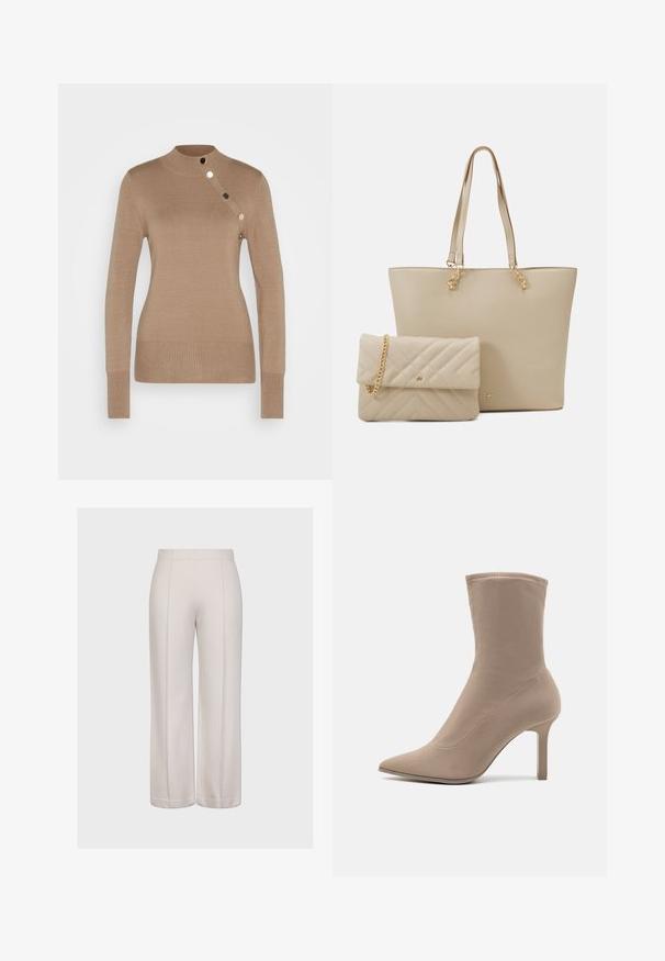 Morgan Striktrøje - taupe type; Videbenede bukser i lys beige stof med en glat tekstur. Har to lodrette sømme og en ensartet, ren skæring ved kanten.; Call it Spring CIEL - Højhælede støvletter - other grey; Beige tote bag med flade håndtag, glat tekstur og guld hardware, parret med en matchende quiltet clutch med kædestrop.