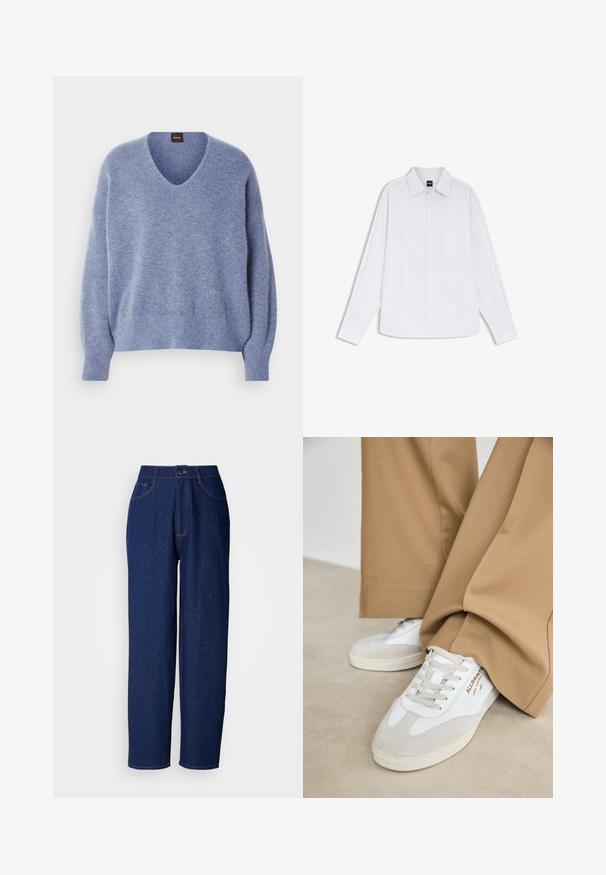 Lyseblå strikket sweater med V-hals, faldende skuldre og ribstrikkede ærme- og båndkanter. Blød tekstur, designet til en afslappet pasform.; Hvid langærmet skjorte med knapper og diskrete lodrette striber samt en brystlomme, vist fladt.; Mørkeblå denim bukser med vide ben og høj talje, prydet med orange syninger, forlommer og knaplukning. Glat tekstur med diskrete prikker.; Hvide sneakers med ruskinddetaljer, strukturerede snørebånd og gummisål. Kombineret med løse, brune bukser. Logoet er vist på siden.