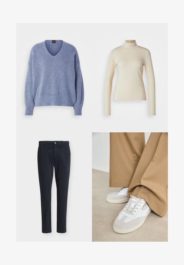 Pull en maille bleu clair avec un col en V, épaules tombantes, et poignets et ourlet côtelés. Texture douce, conçu pour une coupe décontractée.; Haut à col roulé à manches longues de couleur crème, fabriqué en tissu lisse et extensible ; design ajusté avec un col haut et sans motifs ni accents visibles.; Pantalon décontracté slim fit pour homme en bleu marine foncé avec fermeture à boutons et passants pour ceinture, présenté sur un fond gris clair uni.; Baskets blanches avec des accents en daim, des lacets texturés et une semelle en caoutchouc. Associées à un pantalon beige ample. Logo affiché sur le côté.