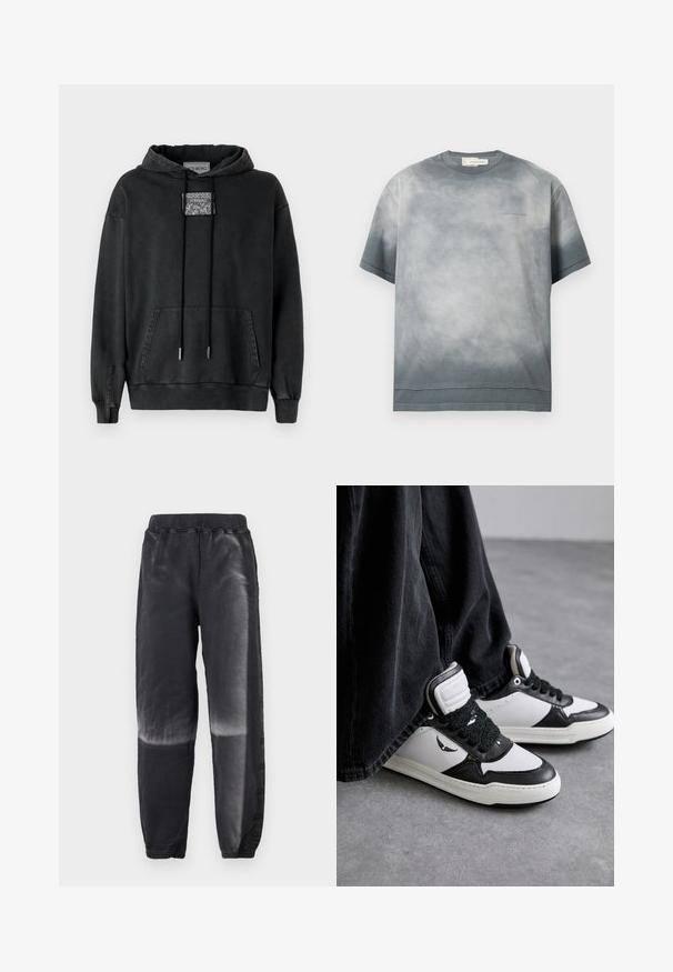 Iceberg Hoodie - nero; Grijze tie-dye T-shirt met korte mouwen, ronde hals en subtiele tekst "PONG CHAN WANG" op de linkerborst.; Zwarte fleece joggers met elastische tailleband en boorden, met een vervaagd verloop van halverwege het dijbeen tot aan de enkel aan beide benen.; Zwart-witte hoge sneakers met een gestructureerde zwarte vetersluiting, gemaakt van leer en synthetisch materiaal, met een logo aan de zijkant.