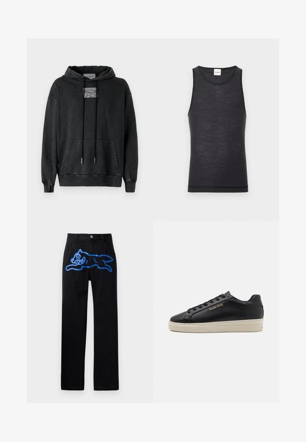 Iceberg Hættetrøje - nero; Sort ærmeløs tanktop lavet af let materiale, med en rund halsudskæring og en subtil tekstur, samt en kontrastdetalje i kanten.; Sorte denimbukser med en afslappet pasform, prydet med et levende blåt grafisk motiv af en springende kat foran. Klassisk fem-lomme design.; Sorte lædersneakers med en glat finish, kontrasterende cremefarvet sål, rund tå, guld logo på siden og seks huller til snørebånd.