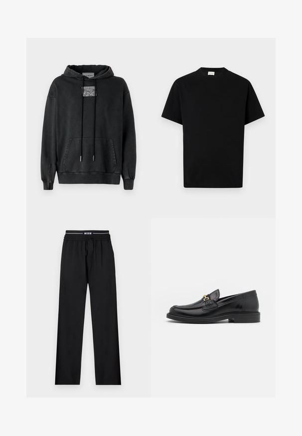 Iceberg Sweat à capuche - nero; T-shirt en coton noir avec un col rond, des manches courtes et une coupe droite. Pas de motifs visibles ni de détails matériels.; Pantalons noirs à coupe décontractée, taille élastique, cordon de serrage ajustable et poches latérales. Fabriqués en tissu lisse sans motifs.; Mocassins en cuir noir avec un embout rond, présentant des accents en métal doré et des détails de couture, montés sur une semelle en caoutchouc texturé et basse.