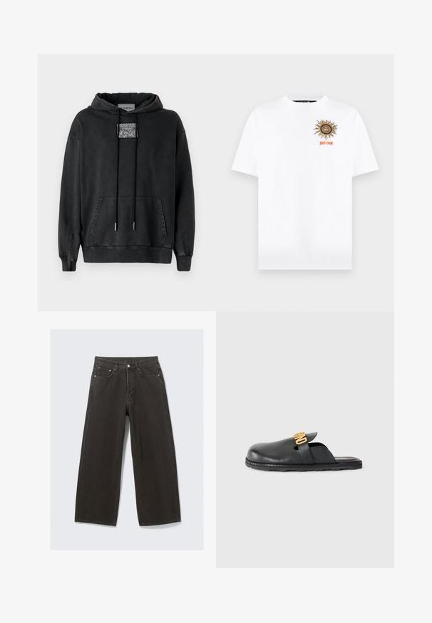 Iceberg Kapuzenpullover - nero; Weißes T-Shirt mit kurzen Ärmeln, mit einer Sonnen-Grafik und dem Schriftzug "just cavalli" in Orange auf der oberen linken Brust.; Hochwaisted, weit geschnittene schwarze Denim-Jeans verfügen über ein Fünf-Taschen-Design und einen Knopfverschluss. Der Stoff hat eine weiche, strukturierte Oberfläche.; Schwarze Leder-Mules zum Hineinschlüpfen mit einem goldfarbenen, dekorativen Riemen und einer niedrigen, strukturierten Gummisohle auf einem einfarbigen Hintergrund.