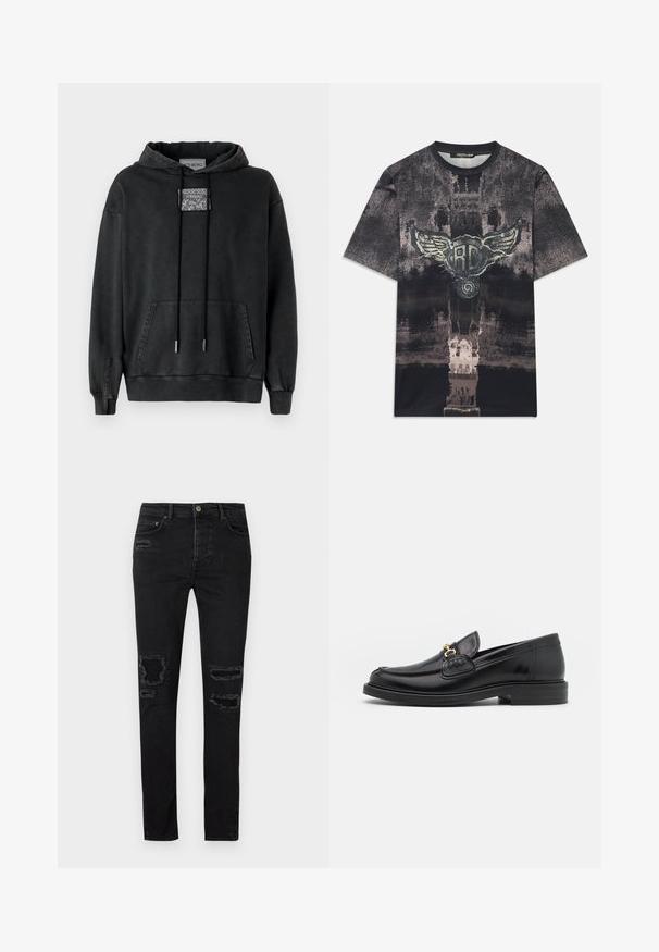 Iceberg Hoodie - nero; Zwart en grijs T-shirt met korte mouwen, voorzien van een versleten textuur en een centraal vleugel-embleem met de letters "RC."; Zwarte denim jeans met een slim fit, voorzien van versleten scheuren bij de knieën, tonale stiksels en een klassieke knoop- en ritsluiting.; Zwarte leren instappers met een ronde neus, voorzien van een gouden hardware accent en stikdetails, geplaatst op een lage, getextureerde rubberen zool.