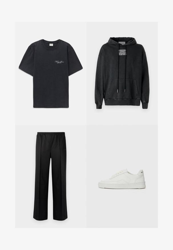 Iceberg Kapuutsiga pusa - nero; Must have lühikesed varrukad ümmarguse kaelusega must T-särk, millel vasakul rinnal on väike valge "Filling Pieces" teksti logo.; Les Benjamins Püksid - black; Valge nahast tennis, millel on sile põhi, ümar varvas, lamedad nöörid ja tekstuuriline tall. Sisaldab diskreetset logo kontsaribal.