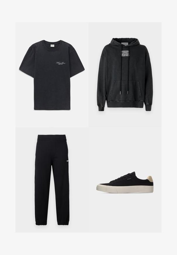 Iceberg Hoodie - nero; Zwarte korte mouwen crew neck t-shirt met klein wit "Filling Pieces" tekstlogo op de linkerborst.; Zwarte joggingbroek met elastische tailleband en boorden, voorzien van een klein wit logo op de bovenkant van de linker dij.; Zwarte lage sneaker met beige hielstuk, dikke witte rubberen zool, zwarte veters en een klein "PS Paul Smith" label aan de zijkant.
