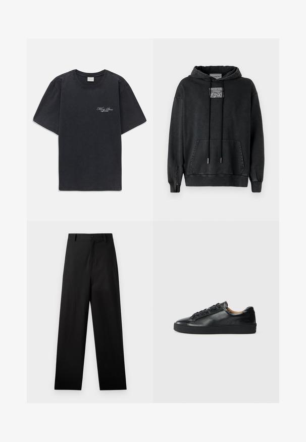 Iceberg Hoodie - nero; Zwarte korte mouwen crew neck t-shirt met klein wit "Filling Pieces" tekstlogo op de linkerborst.; Zwarte broek van katoen met een rechte pijpdesign, voorzien van een sluiting met een knoop aan de voorkant en zijzakken. Gladde textuur, geen patronen.; Zwarte leren sneaker met een gladde textuur, ronde neus en vetersluiting. Heeft een dikke rubberen zool en minimale merkaanpassing.