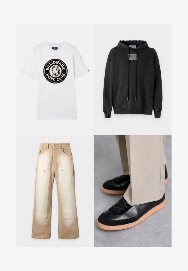 Iceberg Jersey con capucha - nero; Camiseta de algodón blanca con un gráfico circular negro y dorado de un astronauta y el texto "BILLIONAIRE BOYS CLUB". Mangas cortas, cuello redondo.; Pantalones de trabajo beige con refuerzos en las rodillas, lazo lateral para herramientas, botón y cremallera en la parte frontal, y múltiples bolsillos sobre un fondo liso.; Paul Smith COMO - Zapatillas - black