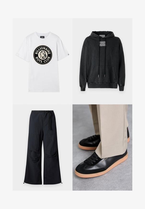 Iceberg Kapuzenpullover - nero; Weißes Baumwoll-T-Shirt mit einem schwarzen und goldenen kreisförmigen Design eines Astronauten und dem Text "BILLIONAIRE BOYS CLUB". Kurze Ärmel, Rundhalsausschnitt.; Schwarze, weit geschnittene Hose aus leichtem Stoff. Verfügt über einen Gürtel, zwei große Seitentaschen und verstellbare Säume mit Kordelzug.; Paul Smith COMO - Sneaker low - black