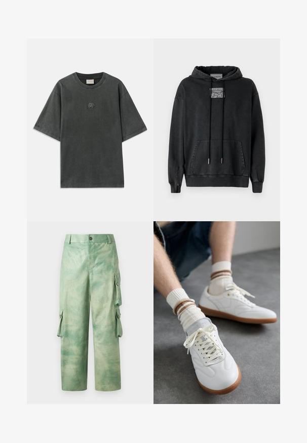 Iceberg Kapuzenpullover - nero; Dunkelgraues oversized T-Shirt mit kurzen Ärmeln, Rundhalsausschnitt und kleinem bestickten Knotendesign mittig auf der Brust.; Les Benjamins VINTAGE PANT - Lederhose - army green; Weiße Ledersneaker mit glatter Textur, grauen Wildlederelementen, beigen Gummisohlen und flachen Schnürsenkeln. Kombiniert mit cremefarbenen und braun gestreiften Socken.