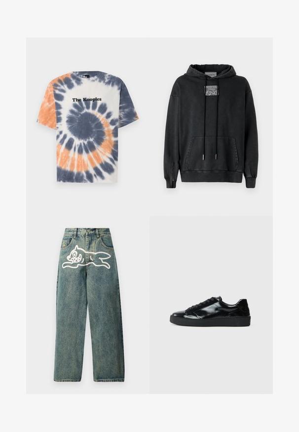 Iceberg Kapuutsiga pusa - nero; Puuvillane T-särk, millel on sinine, oranž ja valge tie-dye muster, ümar kaelus ja "The Kooples" logo musta värviga rinnaosas.; Heledad sinine teksapüksid, laia lõikega, mille vasakul jalal on suur valge kassi graafika ja traditsiooniline viie taskuga disain.; Mustad musta läikiva naha spordijalatsid, ümarate varvastega, nööbikirjaga, tekstuurse kummitald ja sileda viimistlusega.