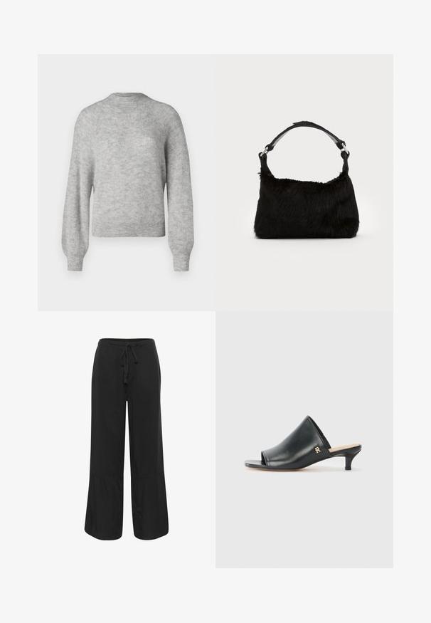 Lys grå strikket sweater lavet af blødt stof, med en rund halsudskæring og lange, let pufede ærmer med ribbede kanter.; Culture CUNAVI CLARINA - Bukser - black; Sorte læder open-toe mules med en lav hæl. Har en glat overflade og et guld logo-prim på siden.; Sort faux fur håndtaske med en blød tekstur, rund form og en robust skulderrem i sort læder. Synlige sølvhardware-detaljer.