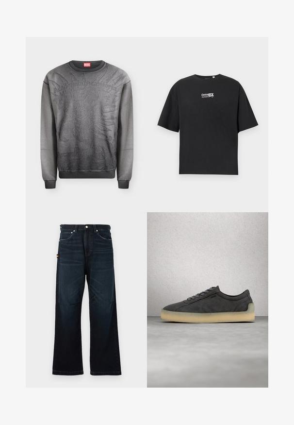 Dunkelgraues Diesel Sweatshirt mit erhabenem Print eines indianischen Kopfschmucks und gerippten Bündchen und Saum.; Schwarzes T-Shirt mit kurzen Ärmeln und Rundhalsausschnitt, mit kleinem weißen "Castrol GTX Racing"-Logo mittig auf der Brust.; Dunkelblaue gerade Jeans mit klassischem Fünf-Taschen-Design, Gürtelschlaufen und subtilen verblassten Details an der Vorderseite und an den Knien.; Dunkelgrauer Wildleder-Sneaker mit hellbeiger Sohle und grauen Schnürsenkeln, schwebend über einem polierten Betonboden vor einer Glasfliesenwand.