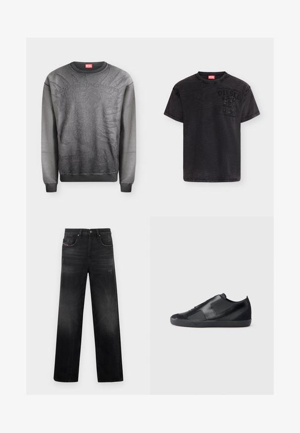 Sweat-shirt Diesel gris foncé avec un graphisme en relief d'une coiffe amérindienne et poignets et ourlet côtelés.; T-shirt Diesel noir à manches courtes avec une petite poche poitrine et un logo imprimé délavé sur le haut avant gauche, présenté sur un fond uni.; Jean en denim noir à coupe droite, avec cinq poches, un léger délavage et un aspect usé. Détails visibles en métal et coutures apparentes.; Baskets noires au design élégant, fabriquées en cuir lisse avec des accents en daim. Présentent des panneaux angulaires et un bout arrondi. Semelle en caoutchouc.