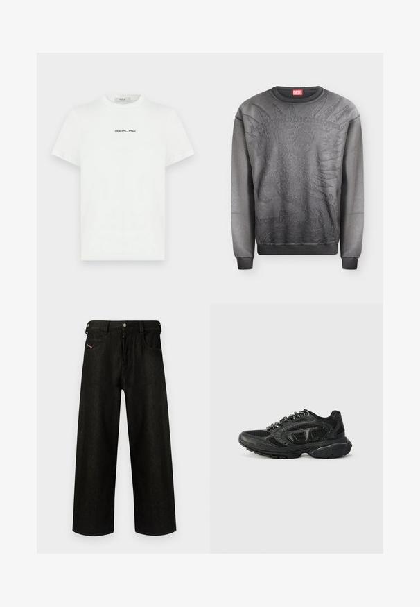 Dunkelgraues Diesel Sweatshirt mit erhabenem Print eines indianischen Kopfschmucks und gerippten Bündchen und Saum.; Weißes Baumwoll-T-Shirt mit kurzen Ärmeln und Rundhalsausschnitt. Auf der Brust befindet sich ein schwarzes "REPLAY"-Logo. Glatte Textur.; Schwarzeweite Jeans aus Denim, mit Reißverschluss, fünf Taschen und dezentem Branding auf der Vorderseite der Tasche. Strapazierfähiger und strukturierter Stoff.; Schwarze Sport Sneaker mit einem Obermaterial aus Mesh, strukturierten Akzenten und gepolstertem Kragen. Schnürdesign mit einer dicken Gummisohle für Unterstützung.