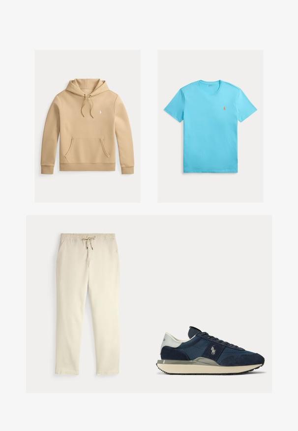 Beige pullover hoodie met voorvak met kangoeroezak, verstelbare trekkoorden en klein wit geborduurd logo op de linkerborst.; Lichtblauw katoenen T-shirt met ronde hals, korte mouwen en een klein oranje geborduurd logo op de linkerborst. Gladde textuur.; Off-white casual broek met elastische tailleband en trekkoord, rechte pijpen en zijzakken op een effen achtergrond.; Donkerblauwe en witte sneaker met suède en stoffen panelen, wit logo aan de zijkant, witte hielriem en beige zool met zwart profiel.