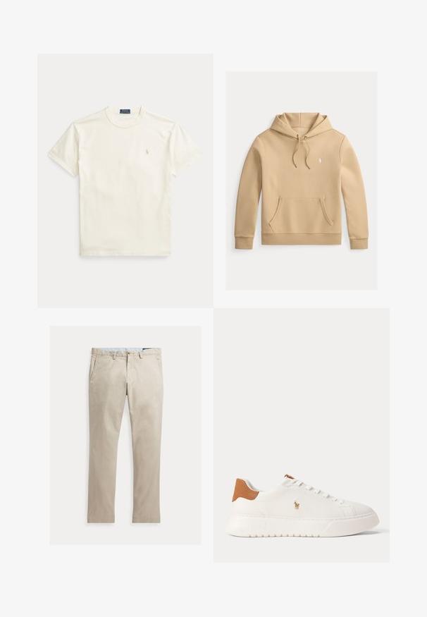 Beige pullover hoodie med front kængurulomme, justerbare snore og lille hvidt broderet logo på venstre bryst.; Flødefarvet bomulds-T-shirt med korte ærmer. Har et diskret broderet logo på venstre bryst og rund hals.; Beige bomuldsbukser med lige ben, forlommer, bæltestropper, knaplukning og lynlås, lagt fladt på en hvid baggrund.; Hvid lavtop sneaker med tan hælfane, hvide snørebånd og lille broderet polo-spiller logo på siden over en tyk sål.