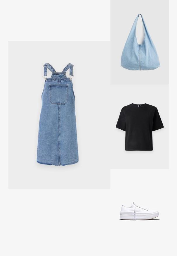 Must have musta lühikeste varrukatega t-särk, mis on valmistatud pehmest kangast, klassikalise ringkaelusega ja lõdva istuvusega raglan varrukatega.; Denim üldkleit reguleeritavate rihmadega, keskmise pikkusega, esiküljel tasku, pleekinud sinine kangas ja toore serv alumisel äärel.; Valge madala lõikega lõuendijalanõu, millel on paks platvormpõhi, ees nöörimine ja kummist tekstuuriga varbakate, kujutatud külgvaates.; Hele sinine teksast õlakott laia rihmaga ja nähtava keskmise õmblusega, mille taustaks on ühtlane helehall taust.