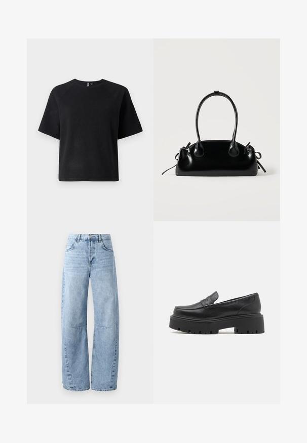 Sort kortærmet t-shirt lavet af et blødt stof, med en klassisk rund hals og en afslappet pasform med raglanærmer.; Lysblå brede jeans lavet af denim, med høj talje, fem lommer og diskret slid. Benene har synlige syninger og sømme.; Sorte læder loafers med en lav, grov gummi sål, syede detaljer på overdelen og en glat overflade.; Lille sort blank håndtaske med to lange håndtag og snøre-detaljer i siden på en ensfarvet lys baggrund.