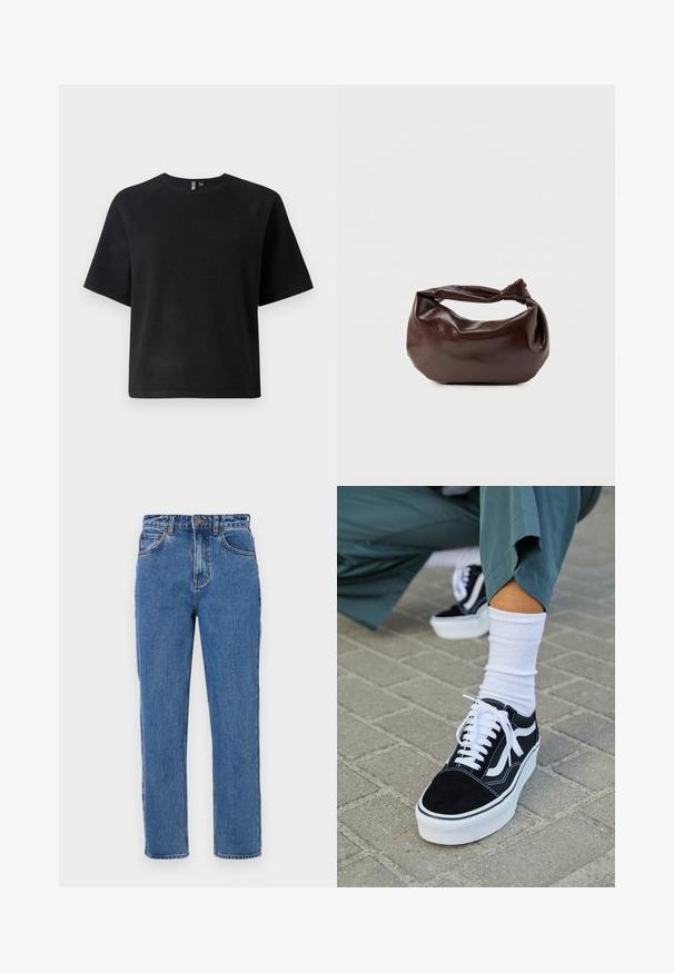 Schwarzes T-Shirt mit kurzen Ärmeln aus einem weichen Stoff, mit einem klassischen Rundhalsausschnitt und einer entspannten Passform mit Raglanärmeln.; Hochtaillierte blaue Jeans aus Denim, gerade Beine, Knopfverschluss, fünf Taschen, leichte Ausbleichungen und tonale Nähdetails.; Schwarze Wildledersneaker mit weißen Akzenten und Schnürsenkeln, ausgestattet mit einer dicken weißen Sohle und kontrastierenden Nähten, kombiniert mit einer weißen Socke.; Dunkelbraune Lederschultertasche mit weicher, lockerer Form und einem gedrehten Knotengriff vor schlichtem weißem Hintergrund.