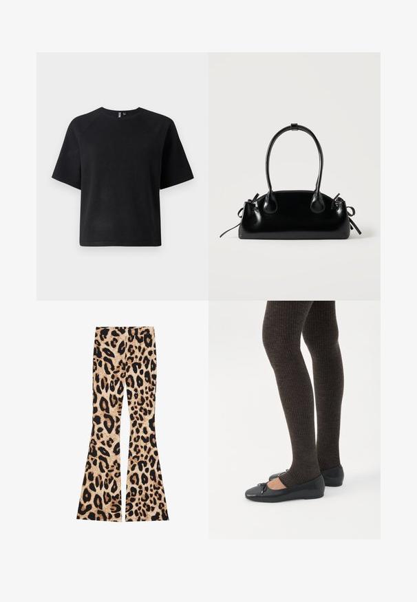 Sort kortærmet t-shirt lavet af et blødt stof, med en klassisk rund hals og en afslappet pasform med raglanærmer.; Leopardmønstrede buksers med flared ben, der har en ribbet tekstur, i beige og sorte farver med varierede pletmønstre i hele stoffet.; Ben iført mørke ribbede leggings kombineret med sorte balletsko med små sløjfedetaljer på hvid baggrund.; Lille sort blank håndtaske med to lange håndtag og snøre-detaljer i siden på en ensfarvet lys baggrund.