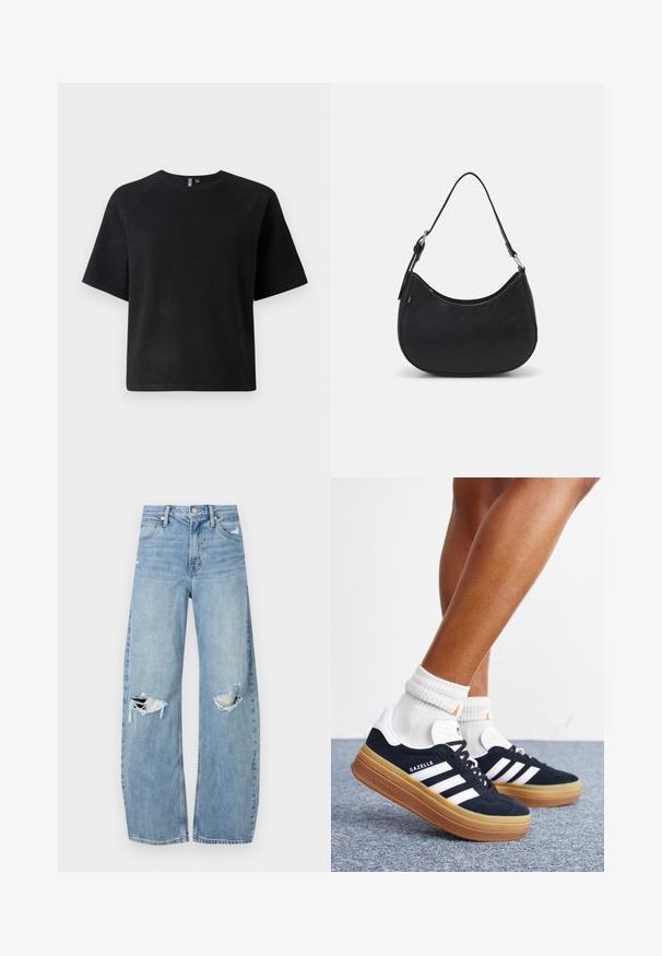T-shirt noir à manches courtes en tissu doux, avec un col ras du cou classique et une coupe décontractée avec des manches raglan.; Jeans en denim bleu clair à taille haute. Présentent des jambes larges, deux zones déchirées aux genoux et un style classique à cinq poches.; Jambes portant des chaussettes blanches et des baskets Adidas Gazelle noires avec des bandes blanches et des semelles épaisses marron sur un sol recouvert de moquette grise.; Sac hobo noir en cuir lisse avec une silhouette arrondie, doté d'une seule sangle ajustable et de détails de design minimalistes.