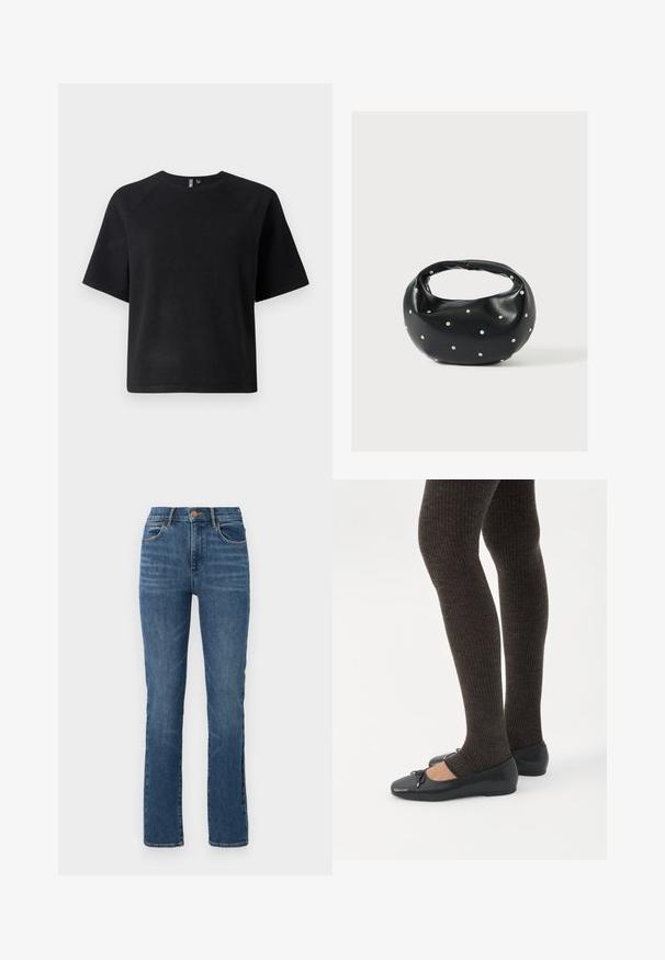 Must have musta lühikeste varrukatega t-särk, mis on valmistatud pehmest kangast, klassikalise ringkaelusega ja lõdva istuvusega raglan varrukatega.; Sinine denimist teksapüks, sirge jala disainiga, kõrge talje, viie taskuga ja kontrastse õmblusega. Pehme tekstuur minimaalse kulumisega.; Jalad seljas tumedad soonelises soonelises kombines mustade baleriinadega, millel on väikesed paelade detailid valgel taustal.; Mustast nahast ümmarguse kujuga käekott, kaunistatud hõbedaste naeladega, lühikese sangaga. Sile tekstuur ja tõmblukuga sulgemine.