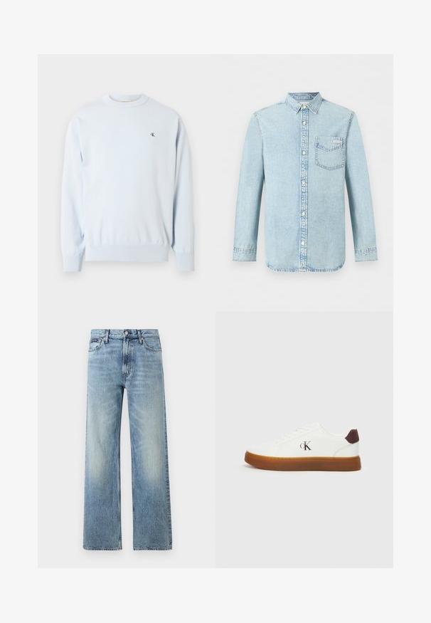Suéter azul claro de manga larga con cuello redondo, puños y dobladillo acanalados, con un pequeño logo negro "CK" en el pecho izquierdo.; Camisa de mezclilla azul claro de manga larga con apertura de botones en la parte delantera, un bolsillo en el pecho con el logo de Calvin Klein y cuello puntiagudo.; Vaqueros de mezclilla azul claro de corte recto con cintura alta, cinco bolsillos, cierre de botón y sutil desgaste en los muslos y las rodillas.; Zapatillas blancas con suela de goma, cordones planos y acento de talón de gamuza marrón. Presenta un discreto logo "cK" en relieve en el lateral.