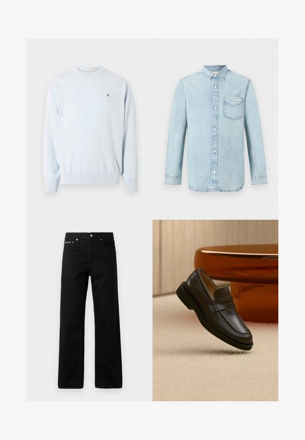 Hellblauer Langarm-Pullover mit Rundhalsausschnitt, gerippten Bündchen und Saum, mit kleinem schwarzem "CK"-Logo auf der linken Brust.; Hellblaues Denim-Hemd mit langen Ärmeln, Knopfleiste vorne, einer Brusttasche mit Calvin Klein-Logo und spitzem Kragen.; Schwarze Denim-Jeans mit geradem Bein, fünf Taschen und einem Logotag auf der Vorderseite, mit Metallbeschlägen und einer glatten Textur.; Schwarzer Lederloafer, der über einem beigen Teppich mit braunen, abgerundeten Möbeln im Hintergrund schwebt.