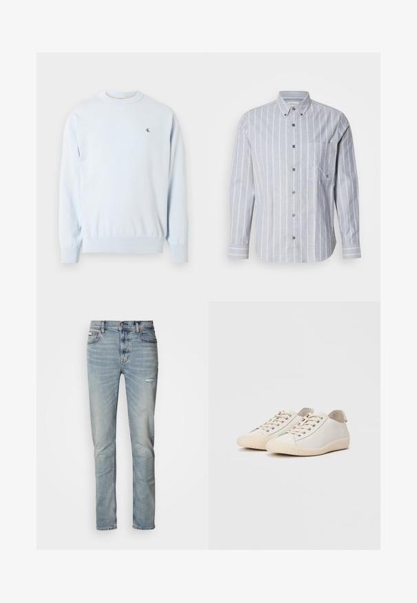 Hellblauer Langarm-Pullover mit Rundhalsausschnitt, gerippten Bündchen und Saum, mit kleinem schwarzem "CK"-Logo auf der linken Brust.; Himmelblau gestreiftes Langarmhemd mit Button-Down-Kragen, Brusttasche und strukturiertem Stoff. Verfügt über kontrastierende weiße vertikale Streifen.; Hellblaue Jeans aus Denim. Besitzen eine Slim-Fit-Passform, eine ausgewaschene Textur und leichte Verwaschungen nahe dem rechten Knie. Standard-Taille mit Knopf.; Weiße Sneaker aus glattem Leder mit tonalem Nähten, Schnürverschluss, runder Zehenpartie und einer strukturierten Gummisohle.