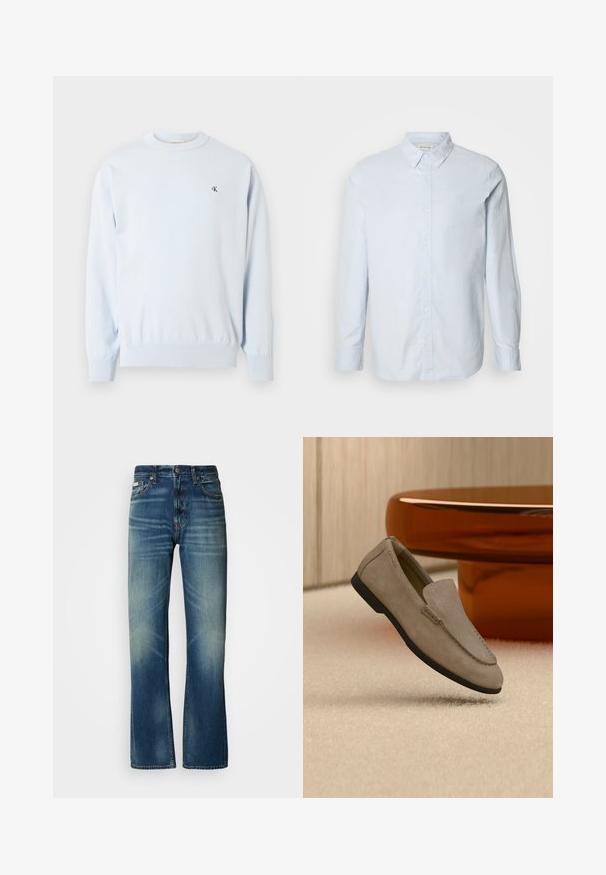 Suéter azul claro de manga larga con cuello redondo, puños y dobladillo acanalados, con un pequeño logo negro "CK" en el pecho izquierdo.; Camisa de botones azul claro hecha de algodón, con mangas largas, cuello y un pequeño logo en el pecho. Textura suave, ajuste estándar.; Jeans de mezclilla azul con un corte recto, lavado medio, detalles deslavados, cinco bolsillos y cierre de botón. Costuras distintivas a lo largo de las costuras.; Mocasín de ante marrón claro con suela negra, descansando sobre una alfombra beige frente a una mesa circular marrón reflectante contra una pared de madera.