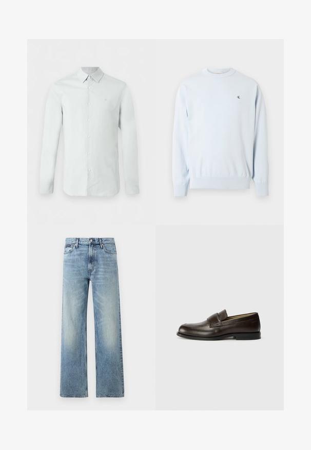 Pull à manches longues bleu clair avec col ras du cou, poignets et ourlet côtelés, arborant un petit logo noir "CK" sur le côté gauche de la poitrine.; Chemise habillée homme à manches longues bleu clair, avec fermeture boutonnée sur le devant et col, affichant un logo subtil de la marque sur la poitrine gauche.; Jean droit en denim bleu clair avec taille haute, cinq poches, fermeture à boutons et léger délavage sur les cuisses et les genoux.; Calvin Klein Chaussons - cocoa brown