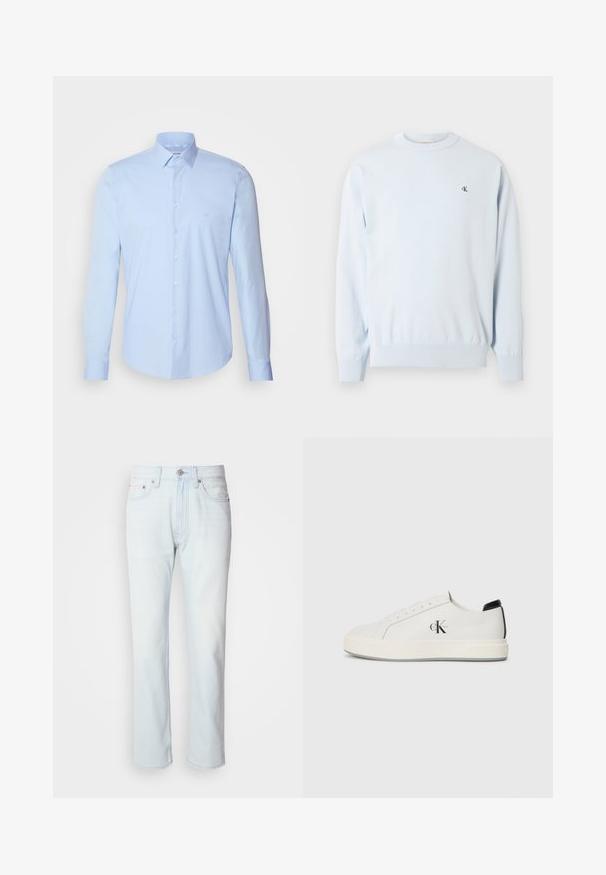 Pull à manches longues bleu clair avec col ras du cou, poignets et ourlet côtelés, arborant un petit logo noir "CK" sur le côté gauche de la poitrine.; Chemise boutonnée bleu clair en coton, avec un col classique, des manches longues et un petit logo sur la poitrine. Texture lisse.; Jean en denim bleu clair avec une coupe droite. Présente une fermeture à bouton et des passants de ceinture, mettant en valeur une texture décolorée et des coutures minimalistes.; Baskets en cuir blanc avec un bout arrondi, semelle en caoutchouc plate et accent de talon noir. Présente un logo Calvin Klein noir prominent sur le côté.