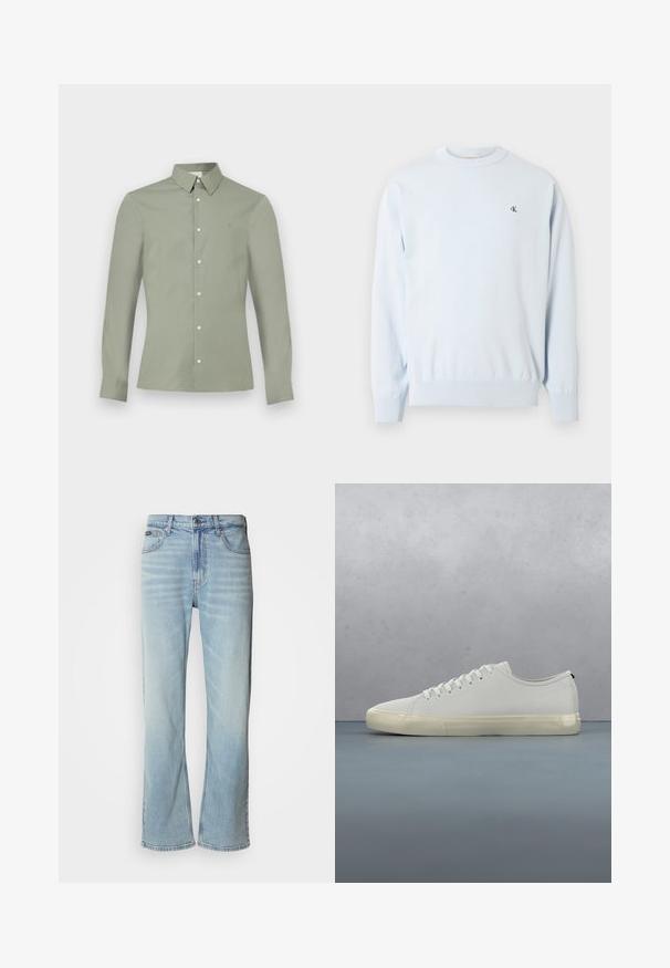 Pull à manches longues bleu clair avec col ras du cou, poignets et ourlet côtelés, arborant un petit logo noir "CK" sur le côté gauche de la poitrine.; Chemise à manches longues vert clair avec col boutonné et boutons blancs, présentée sur un fond blanc uni.; Jeans en denim bleu clair avec une coupe droite, dotés de cinq poches, d'une fermeture à bouton et d'une légère décoloration sur le tissu.; Baskets en cuir blanc avec lacets flottant au-dessus de carreaux en bois carrés et de petits cailloux, avec un arbre et un fond gris.