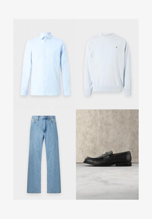 Pull à manches longues bleu clair avec col ras du cou, poignets et ourlet côtelés, arborant un petit logo noir "CK" sur le côté gauche de la poitrine.; Chemise de ville pour homme à manches longues bleu clair avec patte de boutonnage à l'avant et col pointu, présentée sur un fond blanc uni.; Jean en denim bleu clair coupe droite à cinq poches avec fermeture à boutons à la taille, présenté sur un fond uni.; Mocassin en cuir noir avec une plaque de marque en métal reposant près d'une table ronde marron sur un sol recouvert de moquette beige.