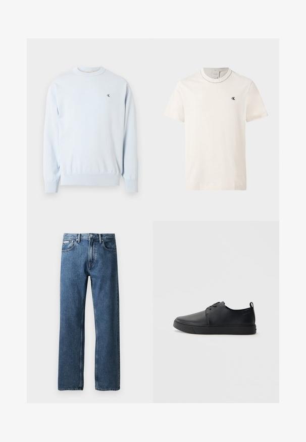 Hellblauer Langarm-Pullover mit Rundhalsausschnitt, gerippten Bündchen und Saum, mit kleinem schwarzem "CK"-Logo auf der linken Brust.; Kurzärmeliges, elfenbeinfarbenes Calvin Klein T-Shirt mit Rundhalsausschnitt und kleinem schwarzem "cK" Logo auf der linken Brust; Blaue gerade geschnittene Denim-Jeans mit hoher Taille, Knopf- und Reißverschluss, Vordertaschen und einem kleinen weißen Markenlabel auf der rechten Tasche.; Schwarze Leder-Sneaker mit glatter Oberfläche, abgerundeter Zehenpartie, gleichfarbiger Nähte, schnürbarem Vorderteil und flacher Gummisohle. Schlaufe an der Ferse.