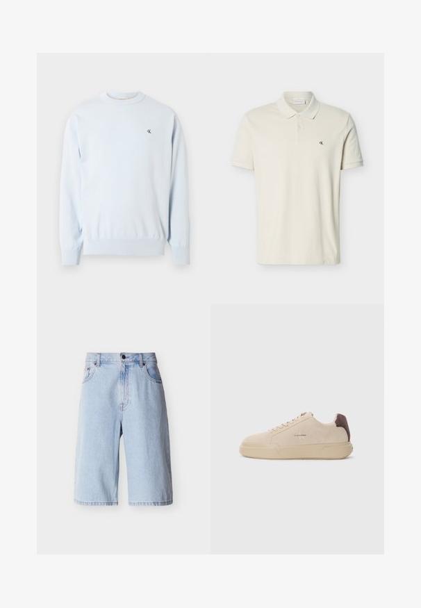 Pull à manches longues bleu clair avec col ras du cou, poignets et ourlet côtelés, arborant un petit logo noir "CK" sur le côté gauche de la poitrine.; Polo à manches courtes couleur blanc cassé avec col, deux boutons sur le devant, et petit logo "cK" sur la poitrine gauche.; Shorts en denim bleu clair jusqu'aux genoux avec boutons et fermeture éclair à l'avant, passants pour ceinture et poches latérales, présentés sur un fond uni.; Baskets en daim beige avec un bout rond, lacets à l'avant et un accent en daim marron sur le talon. Dotées d'une semelle en caoutchouc texturé.