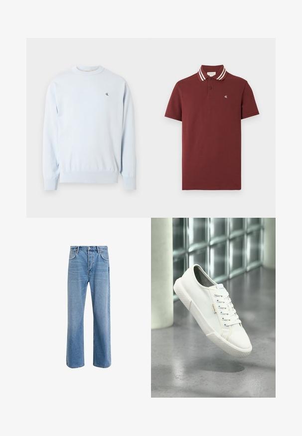 Lichtblauwe trui met lange mouwen en ronde hals, met geribbelde manchetten en zoom, met een klein zwart "CK"-logo op de linkerborst.; Bordeauxrode polo met korte mouwen, witte dubbele strepen op de kraag en een klein wit "cK"-logo op de linkerborst.; Lichtblauwe denim jeans met een straight-leg ontwerp, vijf zakken, knoopsluiting, minimale vervaging en contrasterende stikseldetails.; Witte Calvin Klein lage sneaker met veters, zwevend boven een grijze gepolijste vloer en een achtergrond van glazen blokken.
