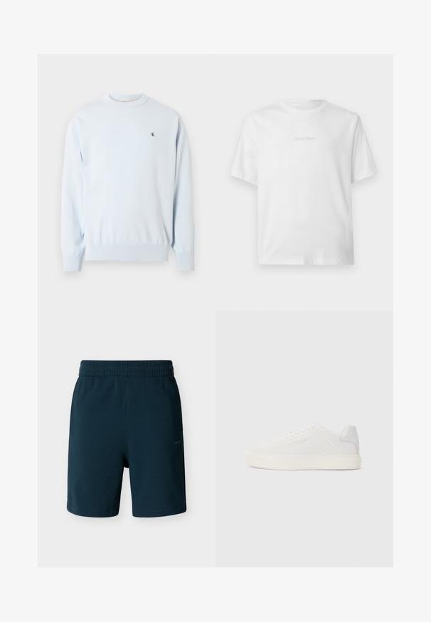 Pull à manches longues bleu clair avec col ras du cou, poignets et ourlet côtelés, arborant un petit logo noir "CK" sur le côté gauche de la poitrine.; T-shirt blanc à manches courtes avec col rond, avec un discret logo Calvin Klein embossé centré sur la poitrine.; Shorts à taille élastique bleu foncé, coupe droite, avec un logo discret sur la cuisse droite, présentés sur un fond neutre.; Baskets blanches avec une tige synthétique lisse, bout rond et semelle plate blanche. Caractérisées par des coutures ton sur ton et un branding minimaliste sur le côté.