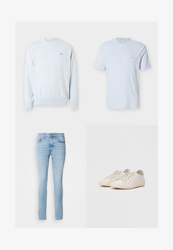Lichtblauwe trui met lange mouwen en ronde hals, met geribbelde manchetten en zoom, met een klein zwart "CK"-logo op de linkerborst.; Lichtblauw T-shirt met korte mouwen van wafelstructuur, ronde hals en een klein rood "CK" logo-patch op de linkerborst.; Calvin Klein Jeans Jeans Skinny Fit - arrow stone; Witte sneakers van glad leer met ton-sur-ton stiksels, vetersluiting, ronde neus en een gestructureerde rubberen zool.