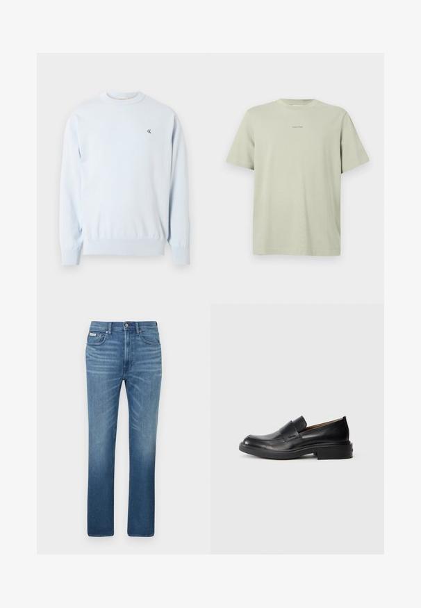Lyseblå langærmet trøje med rund hals, ribstrikkede manchetter og kant, med en lille sort "CK"-logo på venstre bryst.; Lys grøn bomulds t-shirt med rund hals, korte ærmer og et lille Calvin Klein-logo i en mørkere nuance trykt på brystet.; Lyseblå denimjeans med et lige snit, fem lommer og en falmet finish, med et mærke på linningen.; Sorte læder slip-on dress sko med lav hæl og subtil Calvin Klein logo på siden, vist i profil på en hvid baggrund.