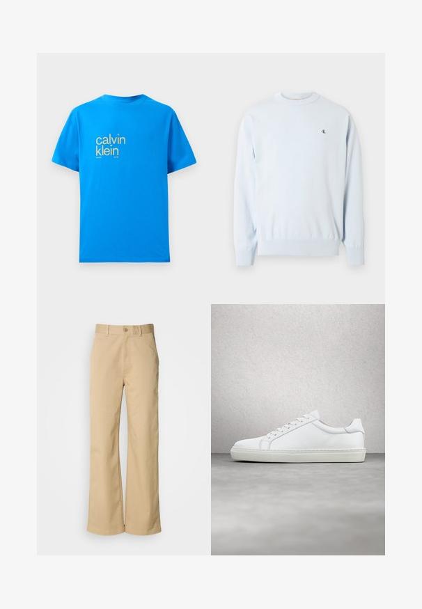 Lyseblå langærmet trøje med rund hals, ribstrikkede manchetter og kant, med en lille sort "CK"-logo på venstre bryst.; Lys blå bomulds t-shirt med korte ærmer, der har et stort gult "calvin klein" logo på forsiden samt teksten "new york city / since 1981".; Beige, vidde bukser lavet af en bomuldsblanding. Har en knaplukning og bæltestropper. Glat tekstur med minimale syninger.; Hvide sneakers med en glat læderoverdel og lav profil. Har en rund tå, seks snørehuller og en tekstureret gummisål.