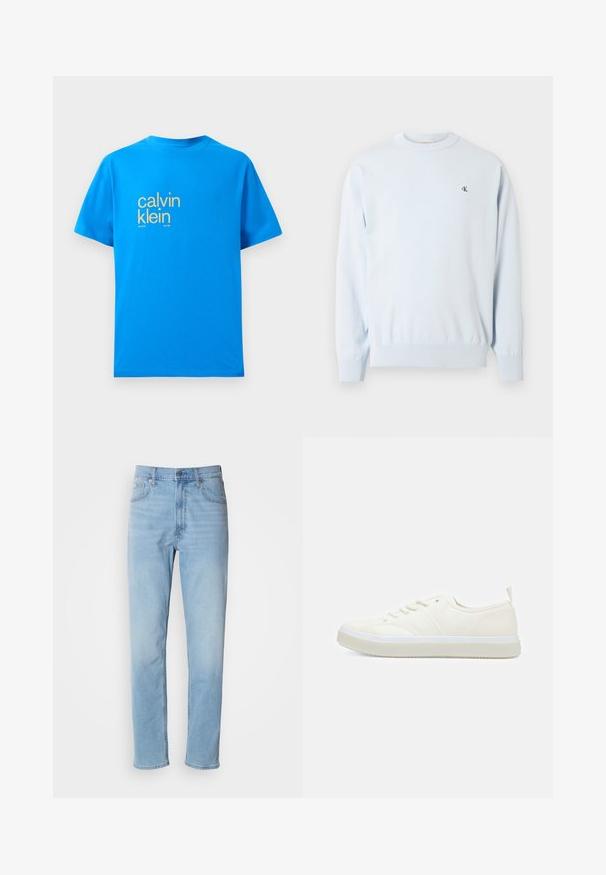 Suéter azul claro de manga larga con cuello redondo, puños y dobladillo acanalados, con un pequeño logo negro "CK" en el pecho izquierdo.; Camiseta de algodón azul brillante con mangas cortas, que presenta un gran logo amarillo de "calvin klein" en el frente y el texto "new york city / since 1981".; Jeans de mezclilla azul claro con un corte recto, cinco bolsillos y trabillas para cinturón. La tela presenta una textura suave con un ligero efecto de desvanecimiento.; Calvin Klein TOP LACE UP UNIFIT - Zapatillas - salt bay