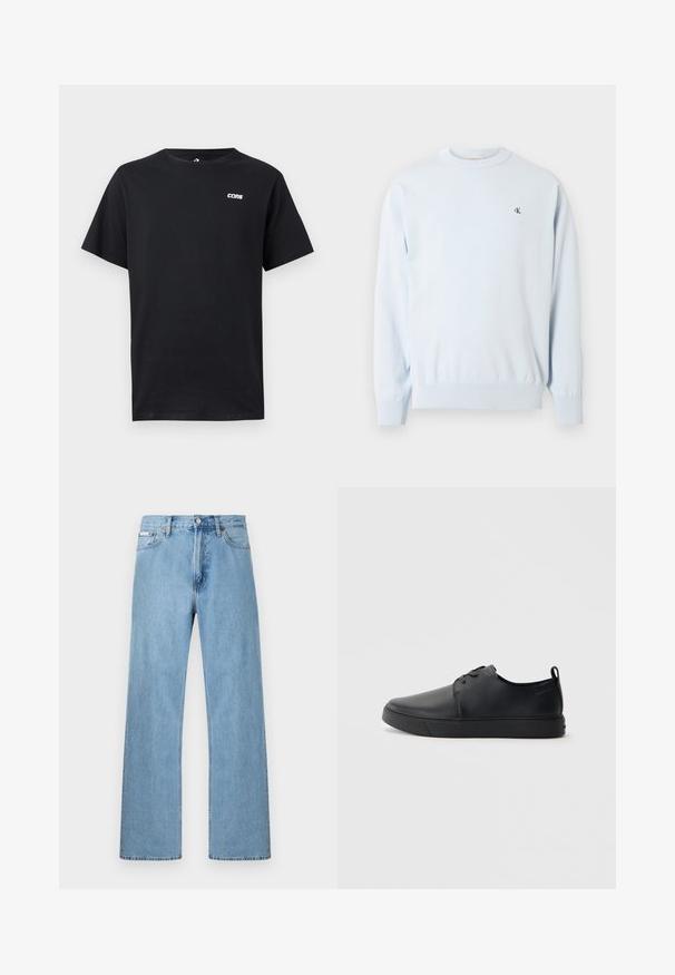 Ανοιχτό μπλε μακρυμάνικο πουλόβερ με στρογγυλή λαιμόκοψη, με ριμπ μανσέτες και τελείωμα, που φέρει ένα μικρό μαύρο λογότυπο "CK" στο αριστερό στήθος.; Μαύρο κοντομάνικο T-shirt με μικρό λευκό λογότυπο "CONS" στο πάνω αριστερό μέρος του στήθους, απλή μπροστινή όψη και στρογγυλή λαιμόκοψη.; Ανοιχτό μπλε τζιν παντελόνι με ίσια γραμμή, πέντε τσέπες και κλείσιμο με κουμπί στη μέση, παρουσιάζεται σε απλό φόντο.; Μαύρο δερμάτινο αθλητικό παπούτσι με λεία επιφάνεια, στρογγυλή μύτη, τονικό ράψιμο, κορδόνια μπροστά και επίπεδη καουτσούκ σόλα. Βρόχος στην πτέρνα.