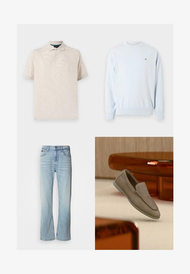 Lichtblauwe trui met lange mouwen en ronde hals, met geribbelde manchetten en zoom, met een klein zwart "CK"-logo op de linkerborst.; Beige poloshirt van gestructureerde stof met een subtiele palmbladpatroon. Het heeft een klassieke kraag en twee knopen bij de hals.; Lichtblauwe denim jeans met een rechte pijp, voorzien van vijf zakken, een knoopsluiting en subtiele vervaging op de stof.; Beige suède instapschoen met zichtbare stiksels en lichte zool, geplaatst bovenop een crèmekleurig tapijt, met oranje doorschijnend meubilair op de achtergrond.
