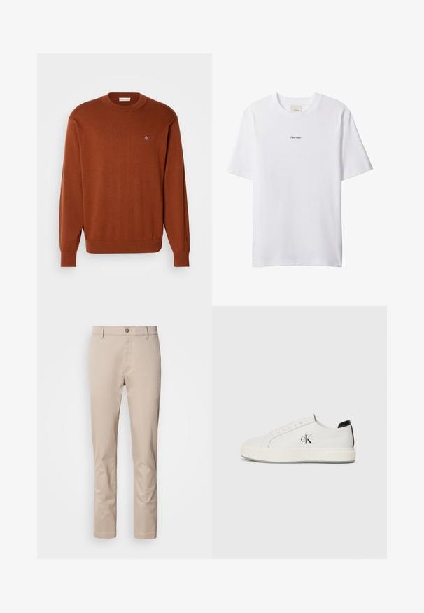 Rustfarvet crewneck sweater i fint strik, med ribbede manchetter og kant, og med et lille blåt logo på brystet. Blød tekstur.; Hvid bomuld t-shirt med rund hals og korte ærmer. Har en lille sort "Calvin Klein"-logo centreret på brystet.; Beige bomulds chinos med lige pasform, bæltestropper, en enkelt frontknap og en glat, utextureret overflade. Ingen lommer er synlige.; Hvide lædersneakers med rund tå, flad gummisål og sort hælaccent. Har et fremtrædende sort Calvin Klein-logo på siden.